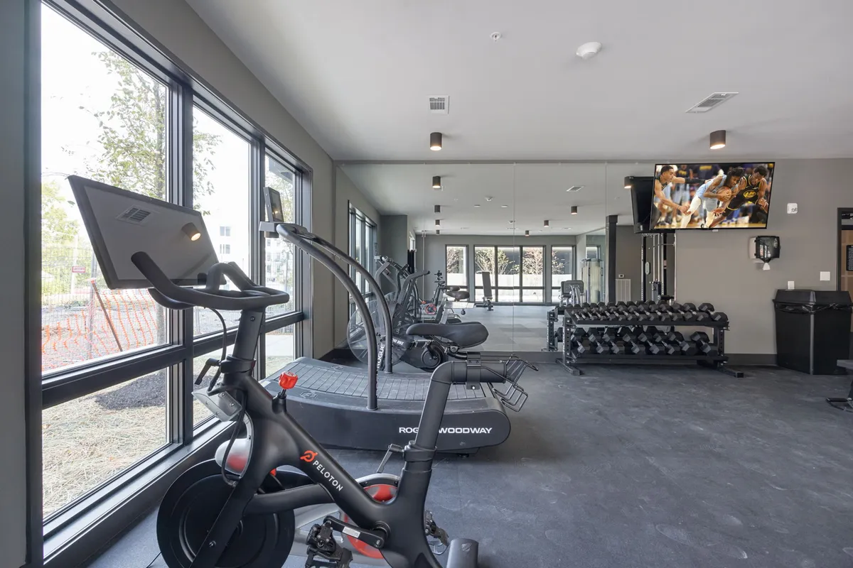 A brightly lit fitness area featuring a Peloton bike, treadmill, dumbbell rack, large windows, and a TV screen. The open layout and abundant natural light create a motivating and inspiring workout environment, ideal for both solo and group fitness activities.