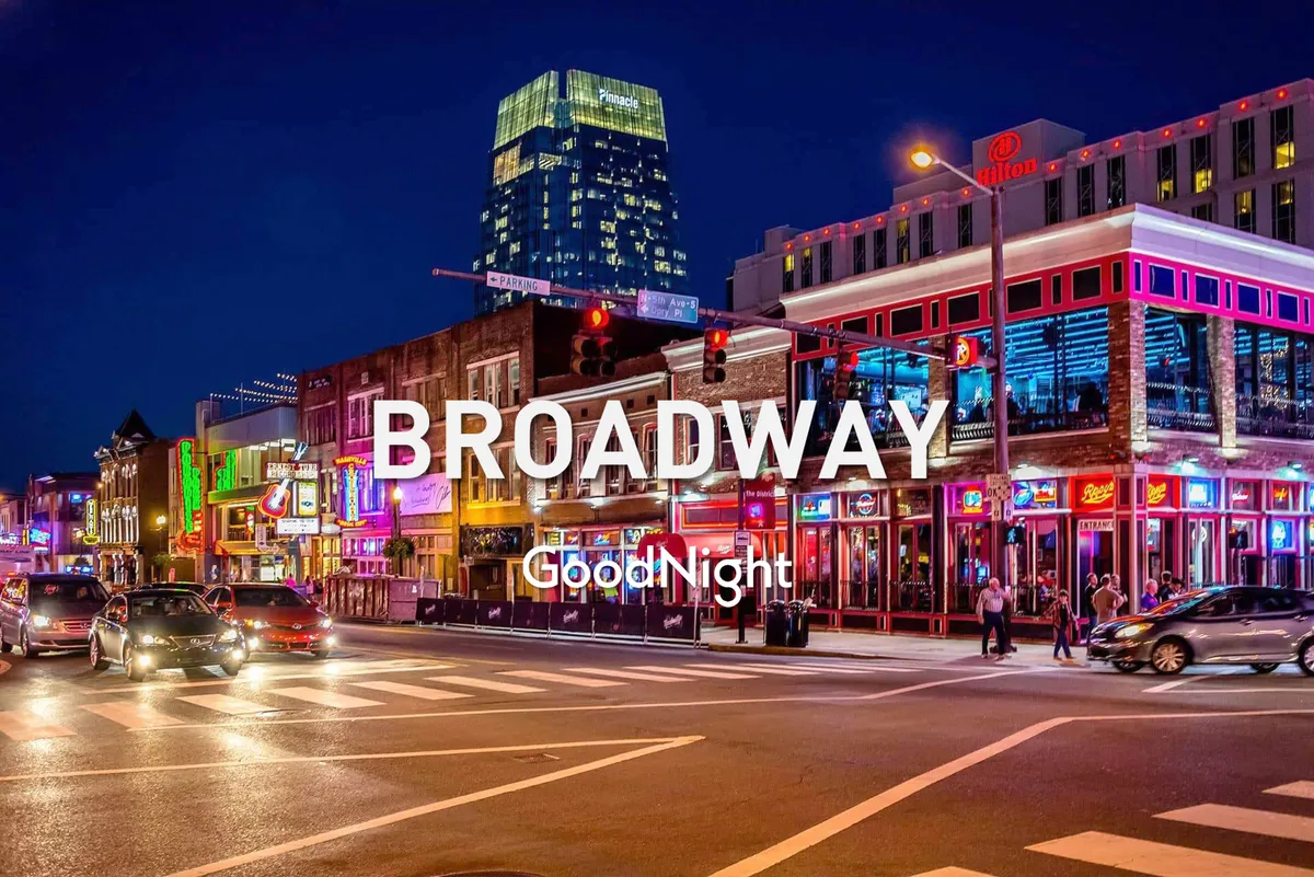 A busy Midtown street scene with glowing neon signs, bustling sidewalks, and high-rise buildings. People are seen walking to and from restaurants, bars, and entertainment venues, radiating the energetic nightlife and culinary scene that defines Midtown.